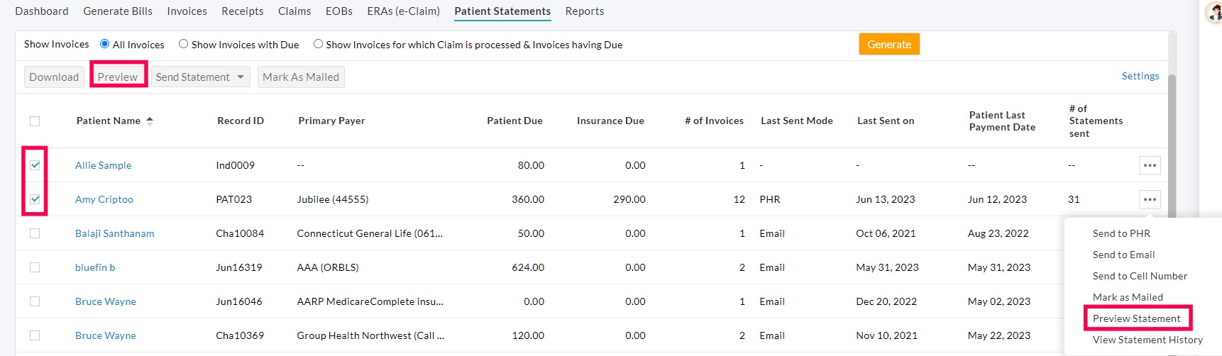Patient Statements Preview Patient Statements Preview