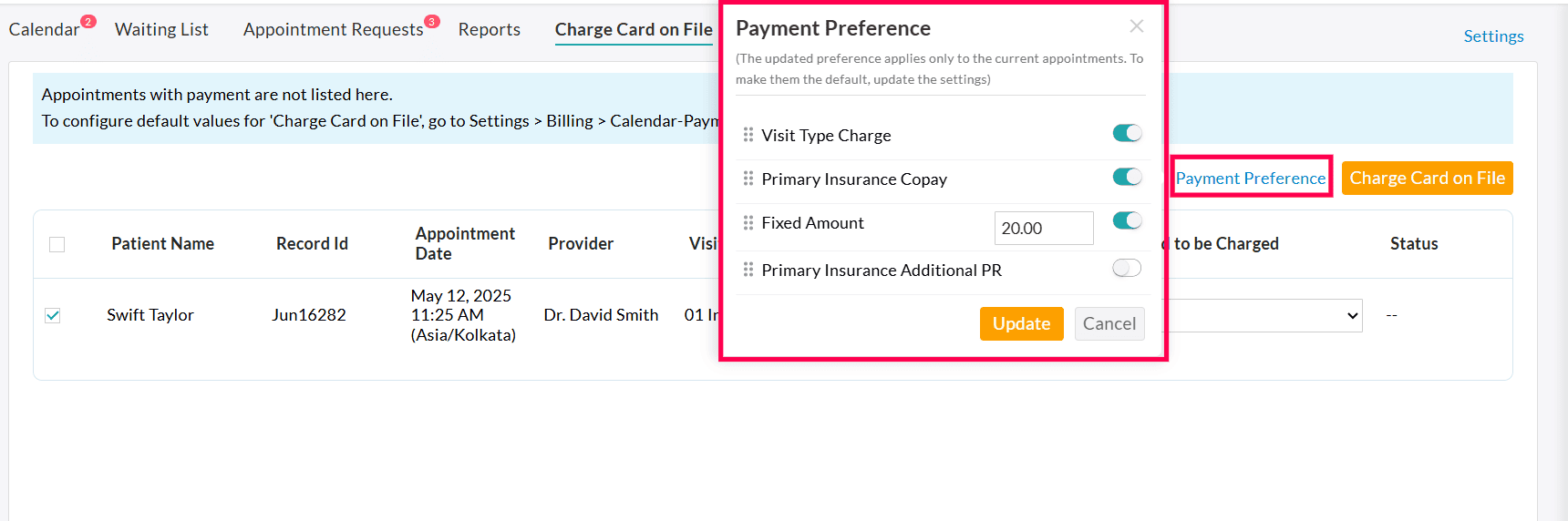 Payment Preference Charge Card on File Window Payment Preference Charge Card on File Window