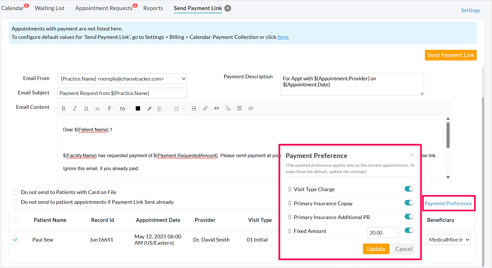 Payment Preference Charge Send Payment Link Window Payment Preference Charge Send Payment Link Window