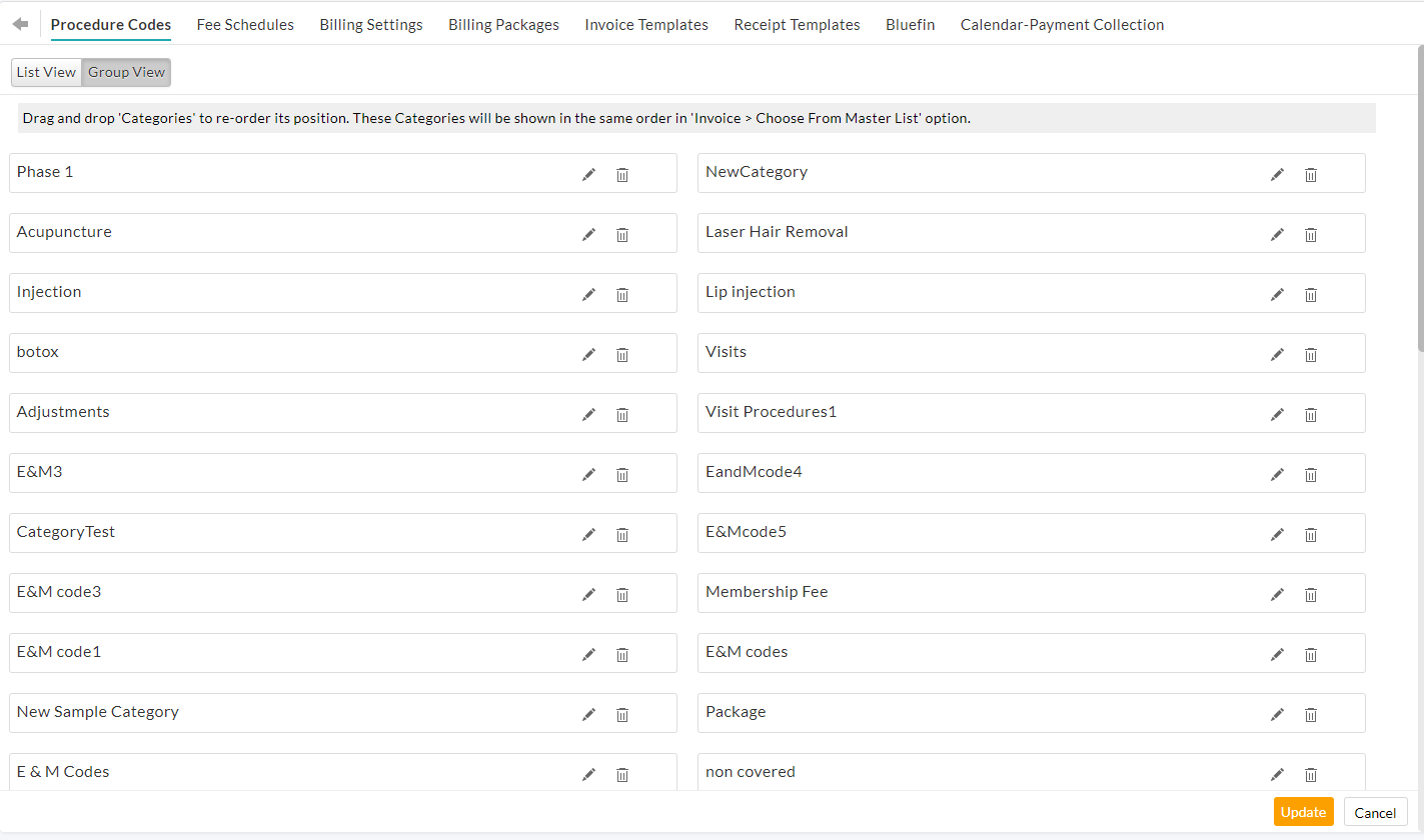 Procedure Codes Category Settings