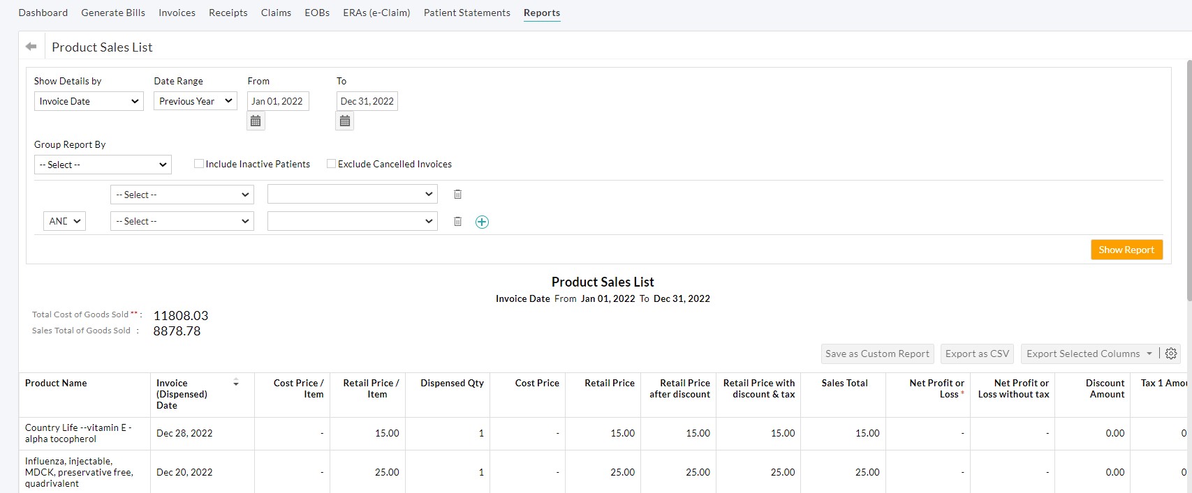 Product Sales List Product Sales List