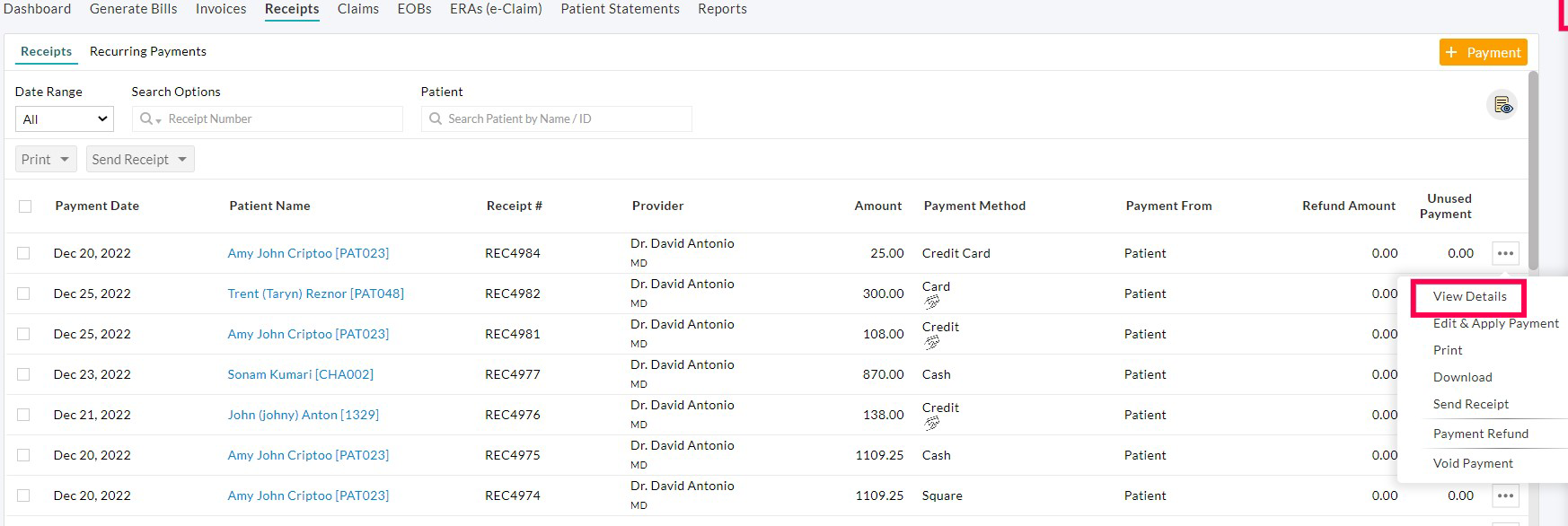 Receipts View Receipts View