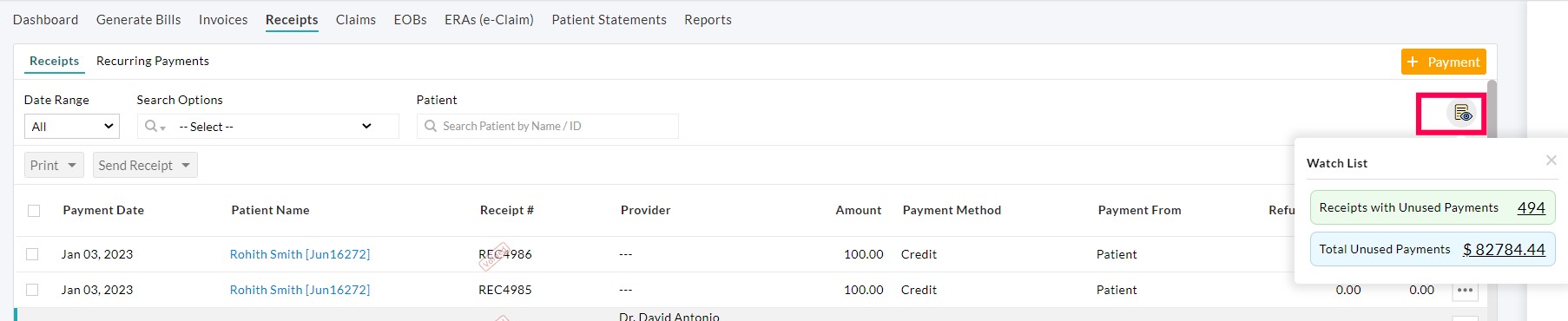 Receipts Watch List Receipts Watch List
