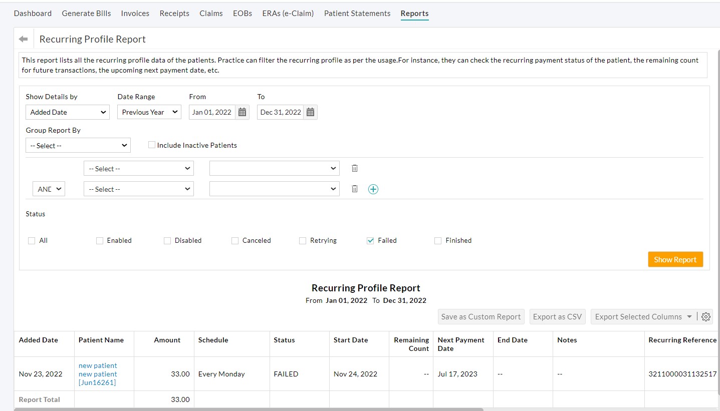 Recurring Profile Report Recurring Profile Report