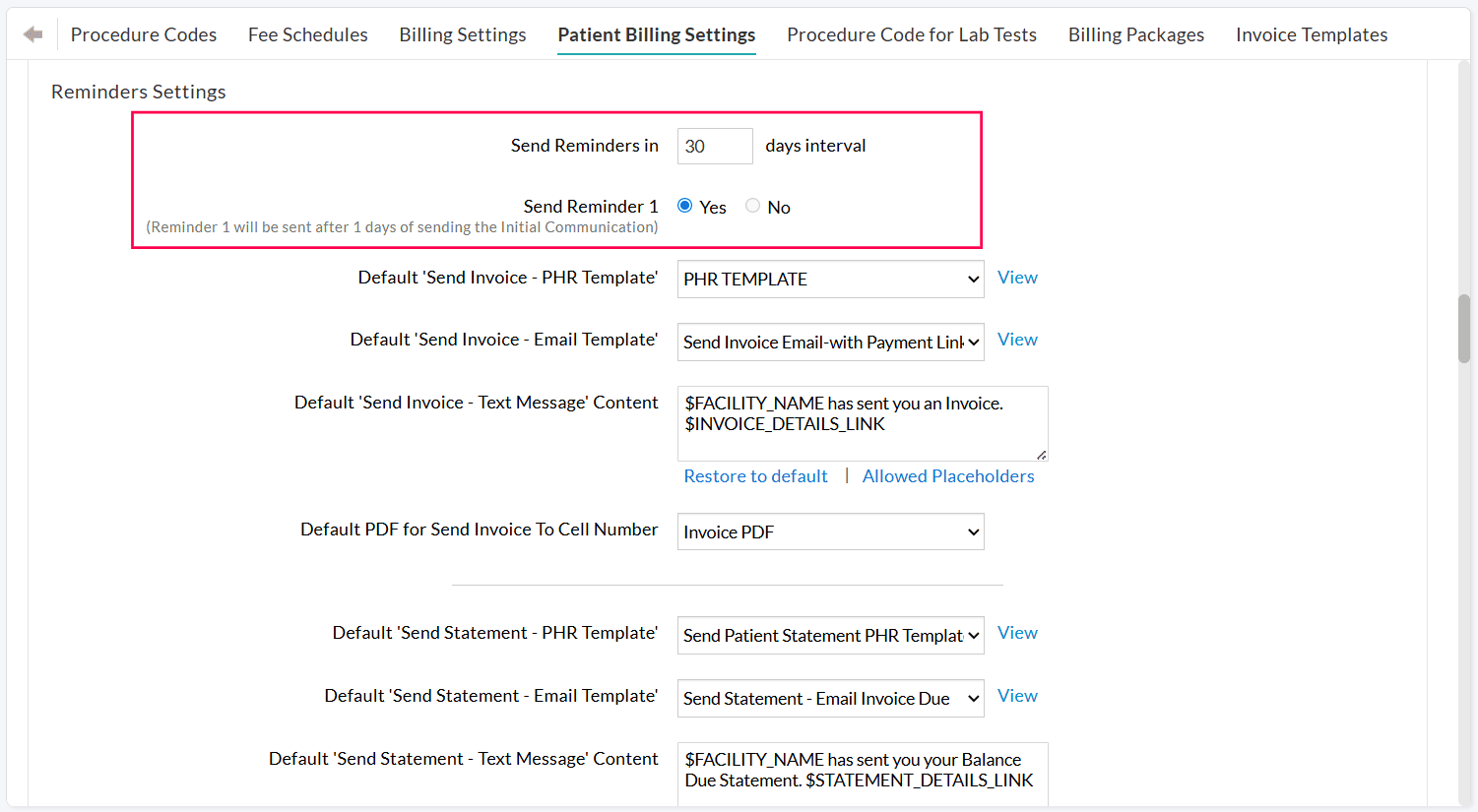 Reminder Settings Reminder Settings