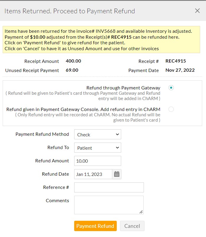 Return Items Refund Payment to Patient