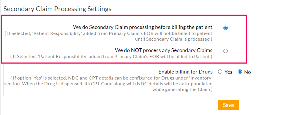 Secondary Claim Processing Settings