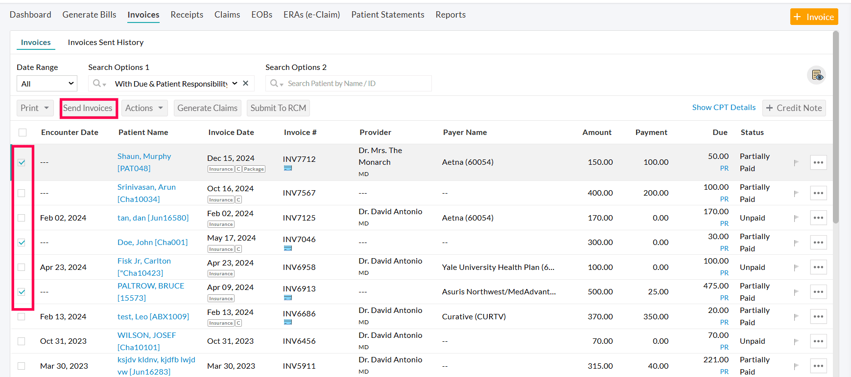 Send Multiple Invoice to Patient