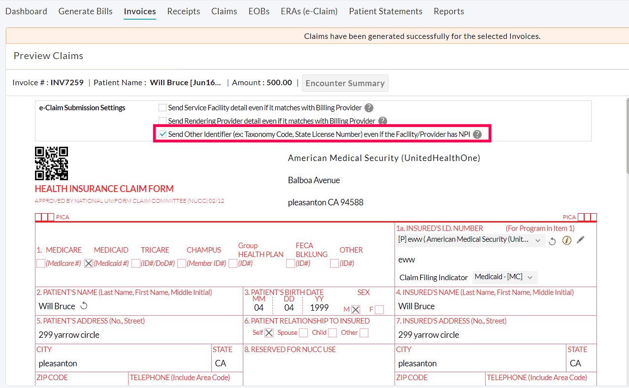 Send Other Identifier for eClaims