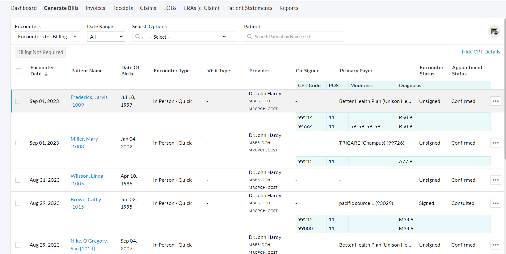 Show CPT Details List