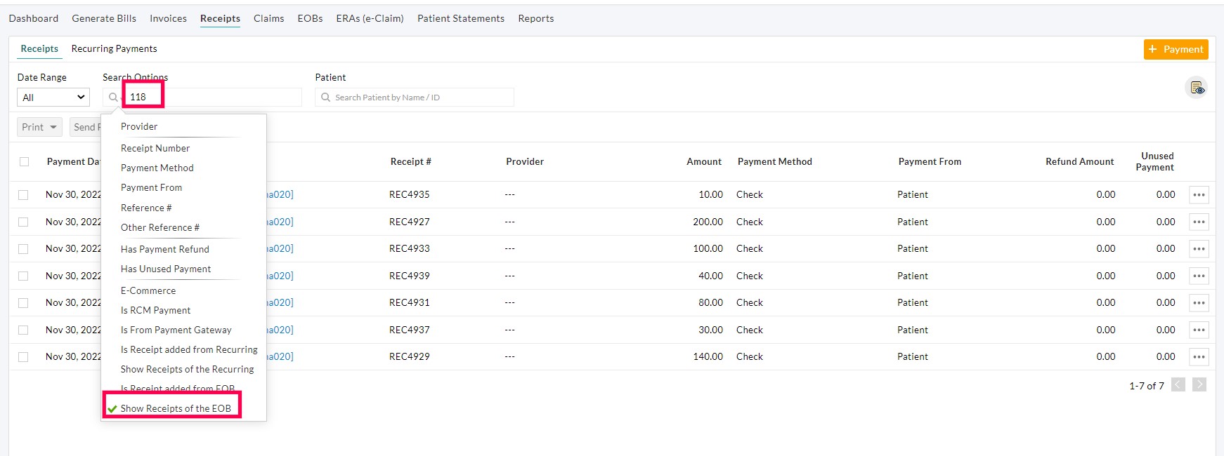 Show Receiots of the EOB Option Show Receiots of the EOB Option