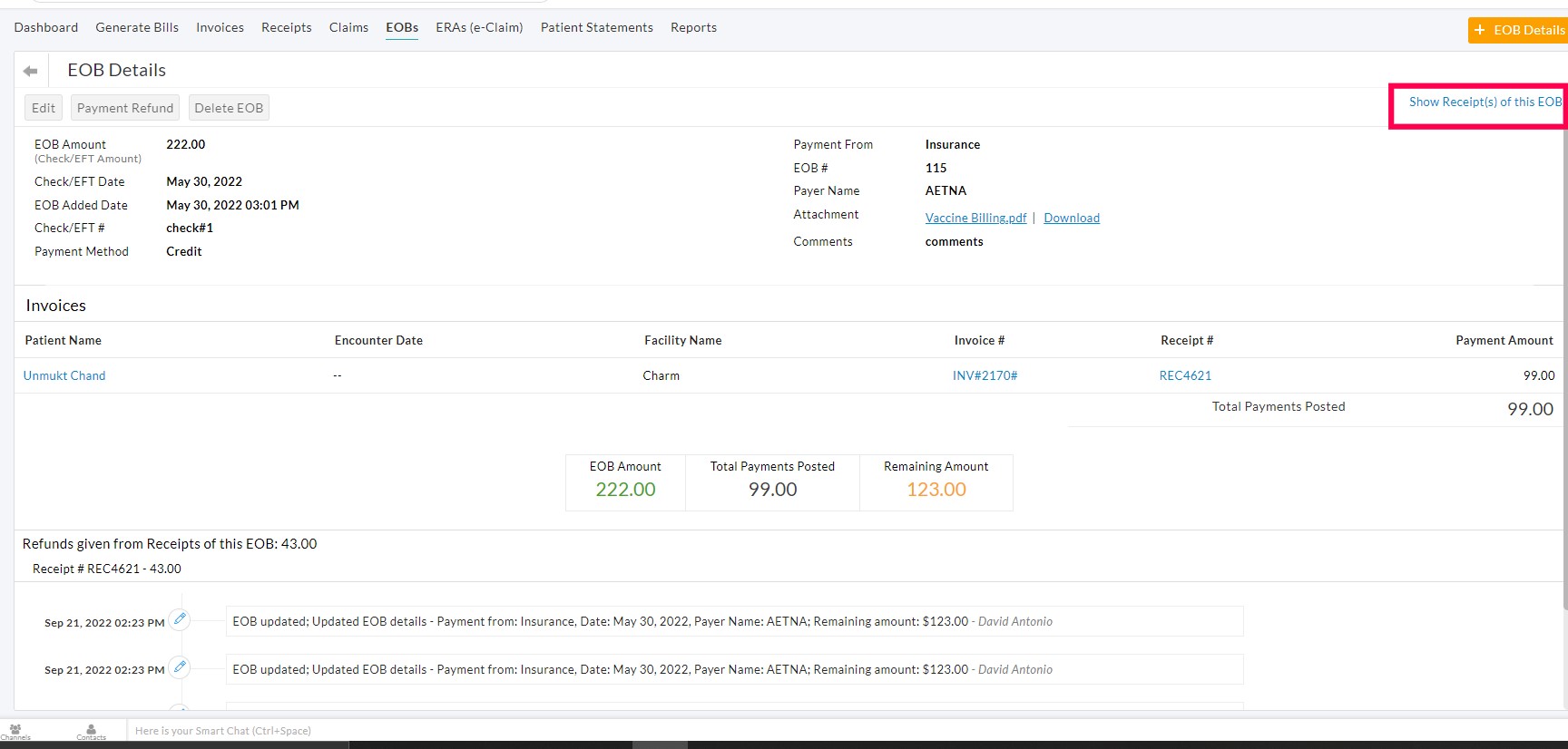 Show Receipt of this EOB Show Receipt of this EOB