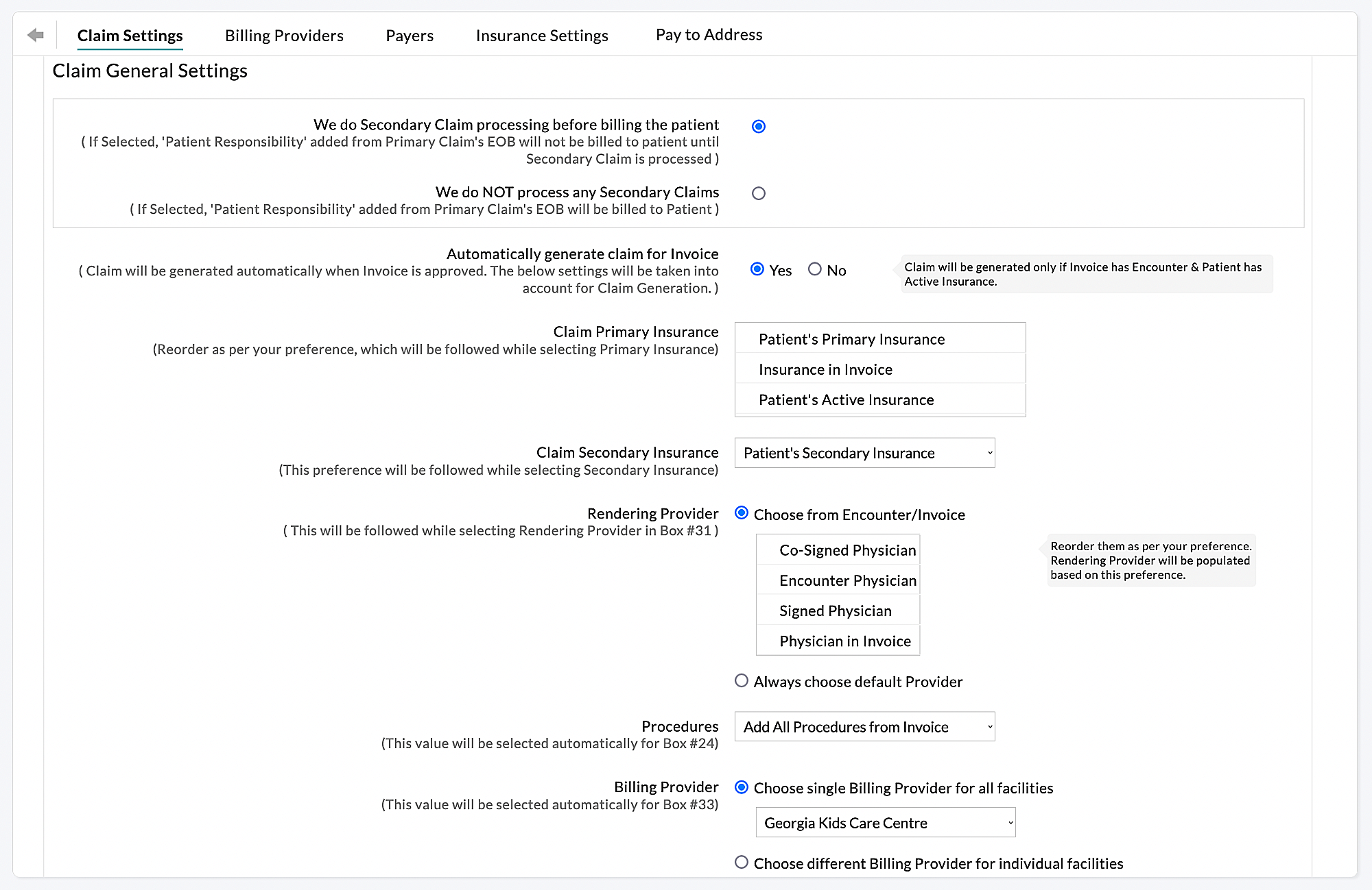 Billing Claim Settings Billing Claim Settings
