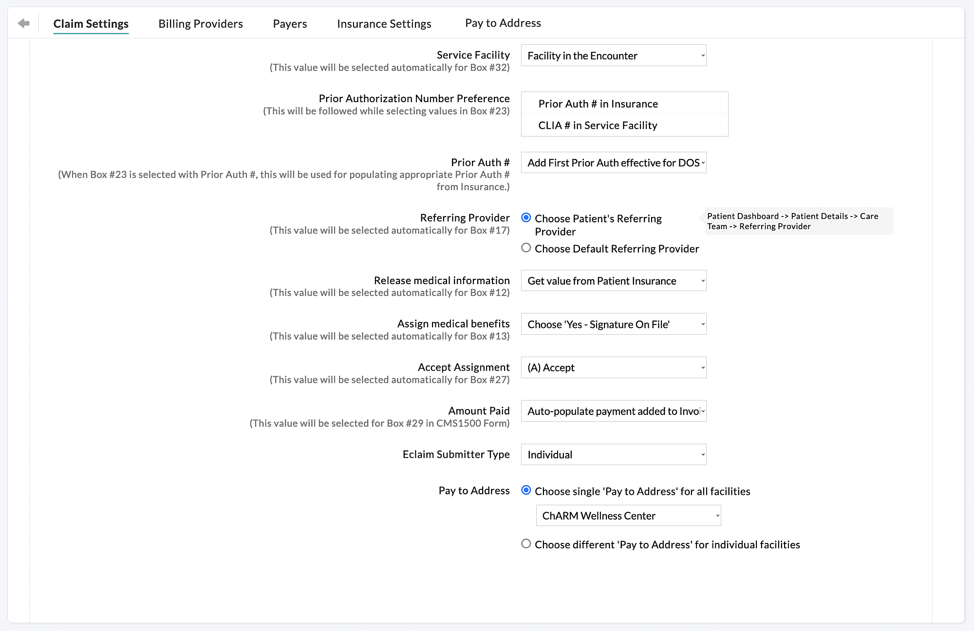 Billing Claim Settings Billing Claim Settings