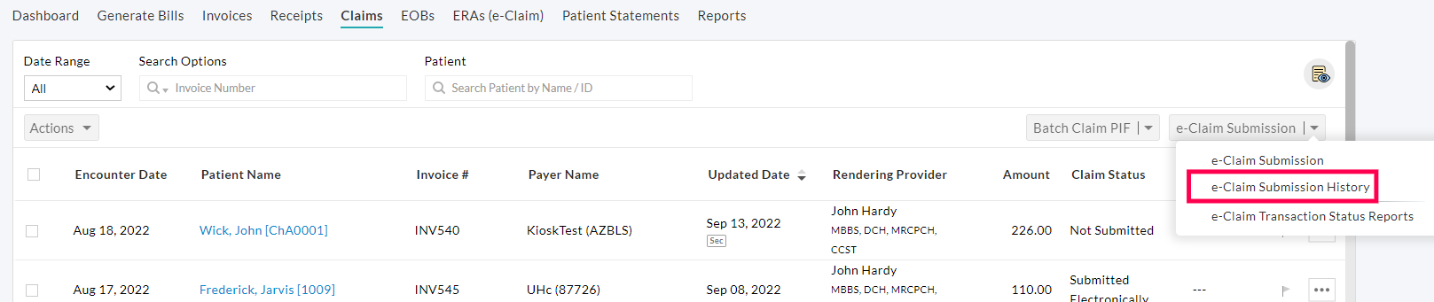 eClaim Submission History Option eClaim Submission History Option