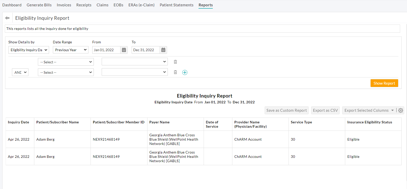 Eligibility Inquiry Report Eligibility Inquiry Report