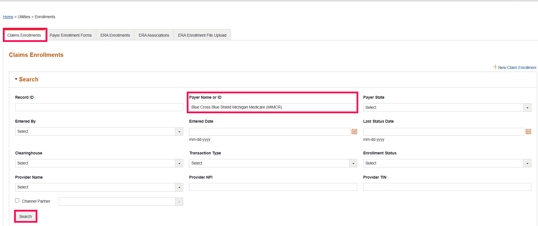 Search Claim Enrollments Search Claim Enrollments