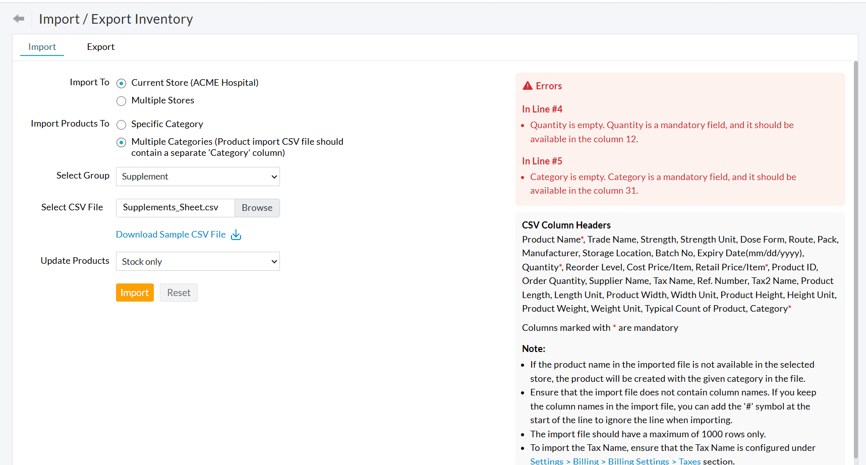 Errors while Importing