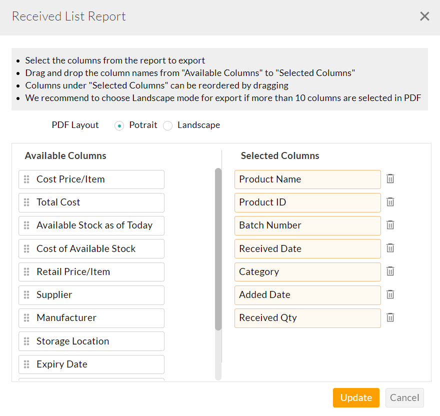 Export Inventory Options