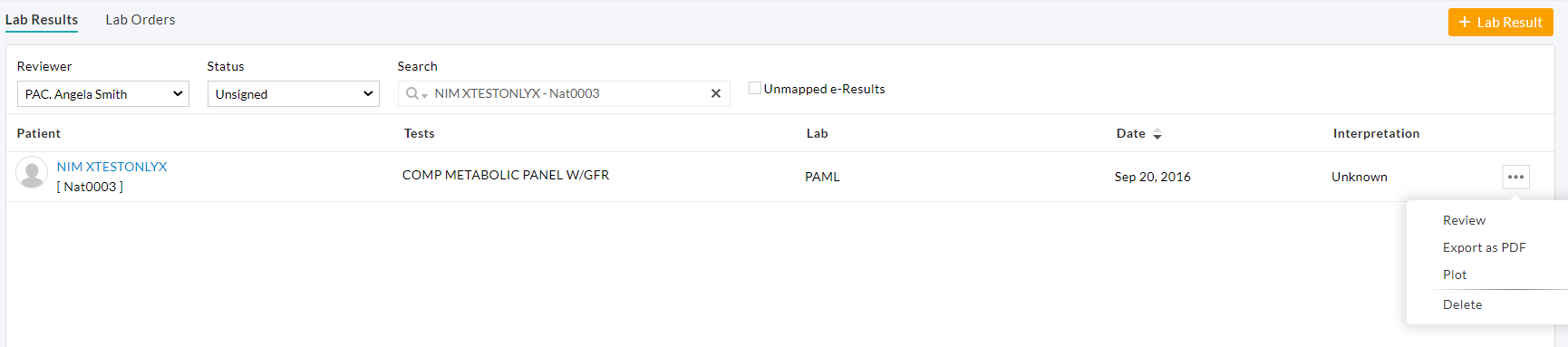 Review Lab Result Option