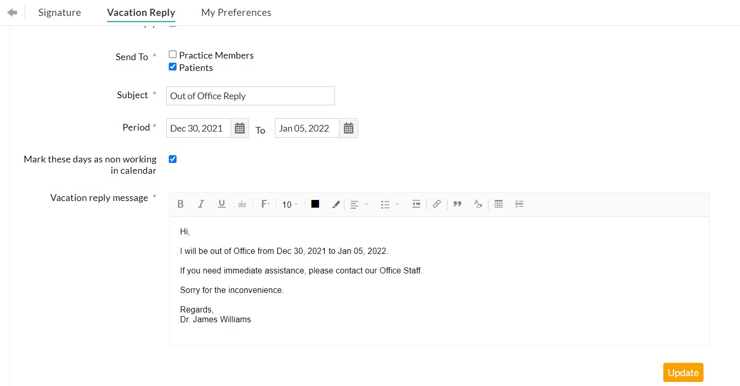 Enable Vacation Reply