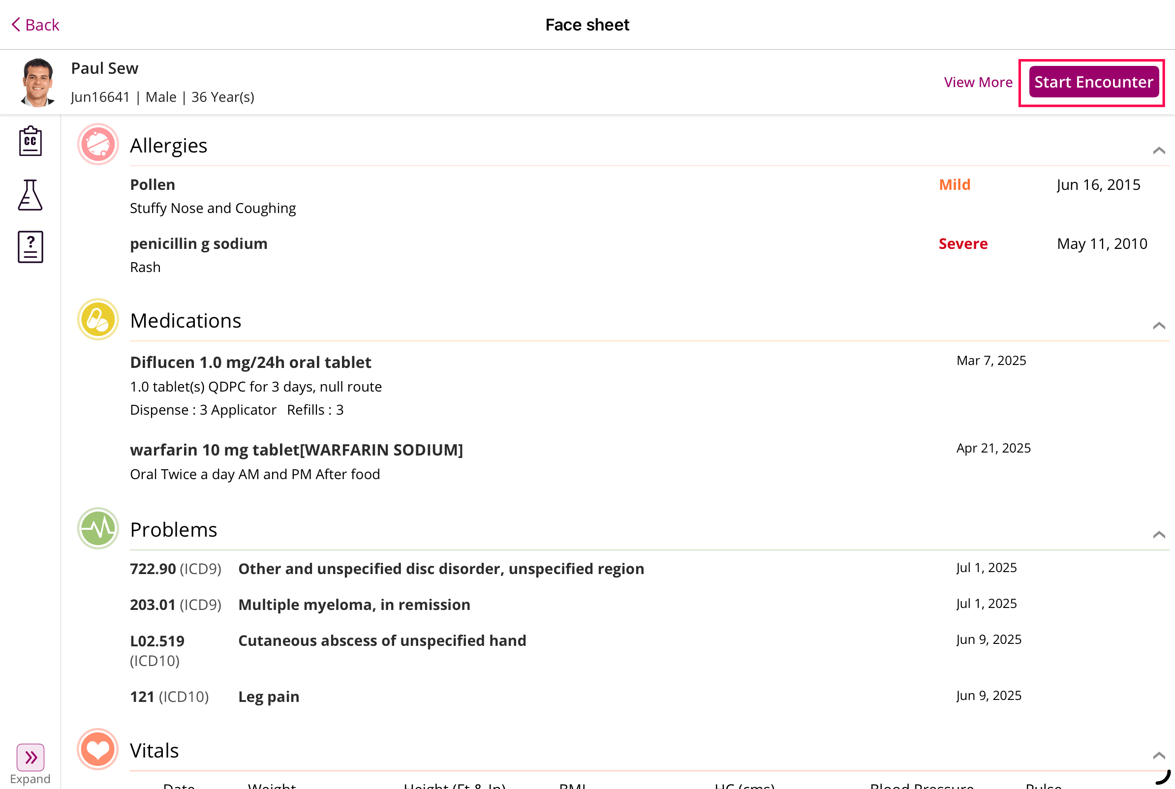 Start Encounter from Patient Face Sheet