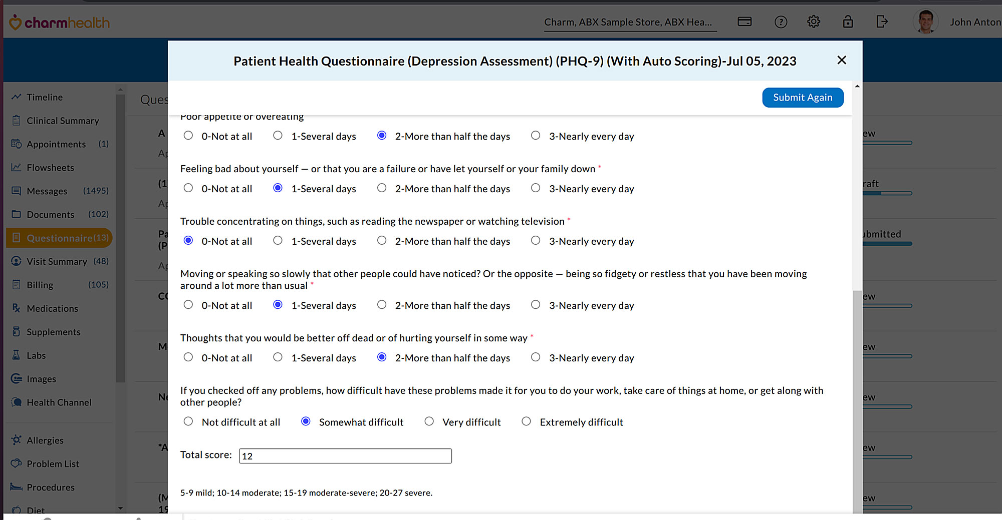 Flowsheet Questionnaire to Patient