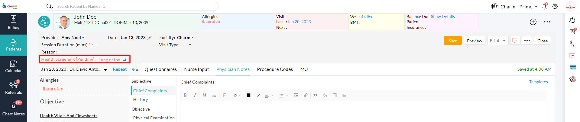 Health Screening in Chart Note