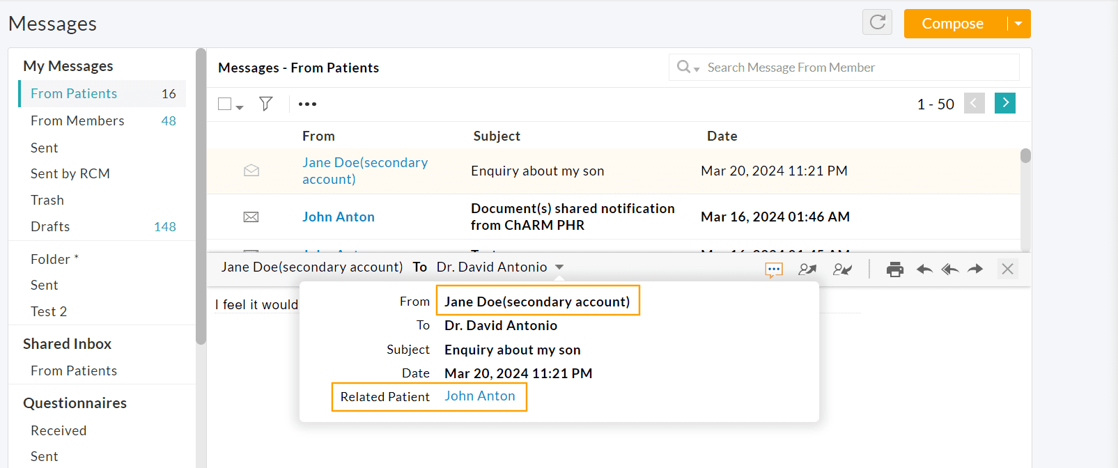 View Messages from Secondary PHR Accounts