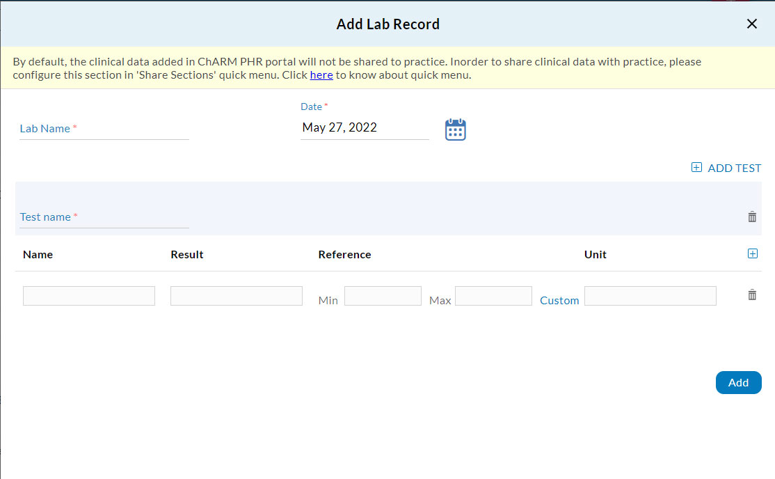 Add Lab Results Manual Entry