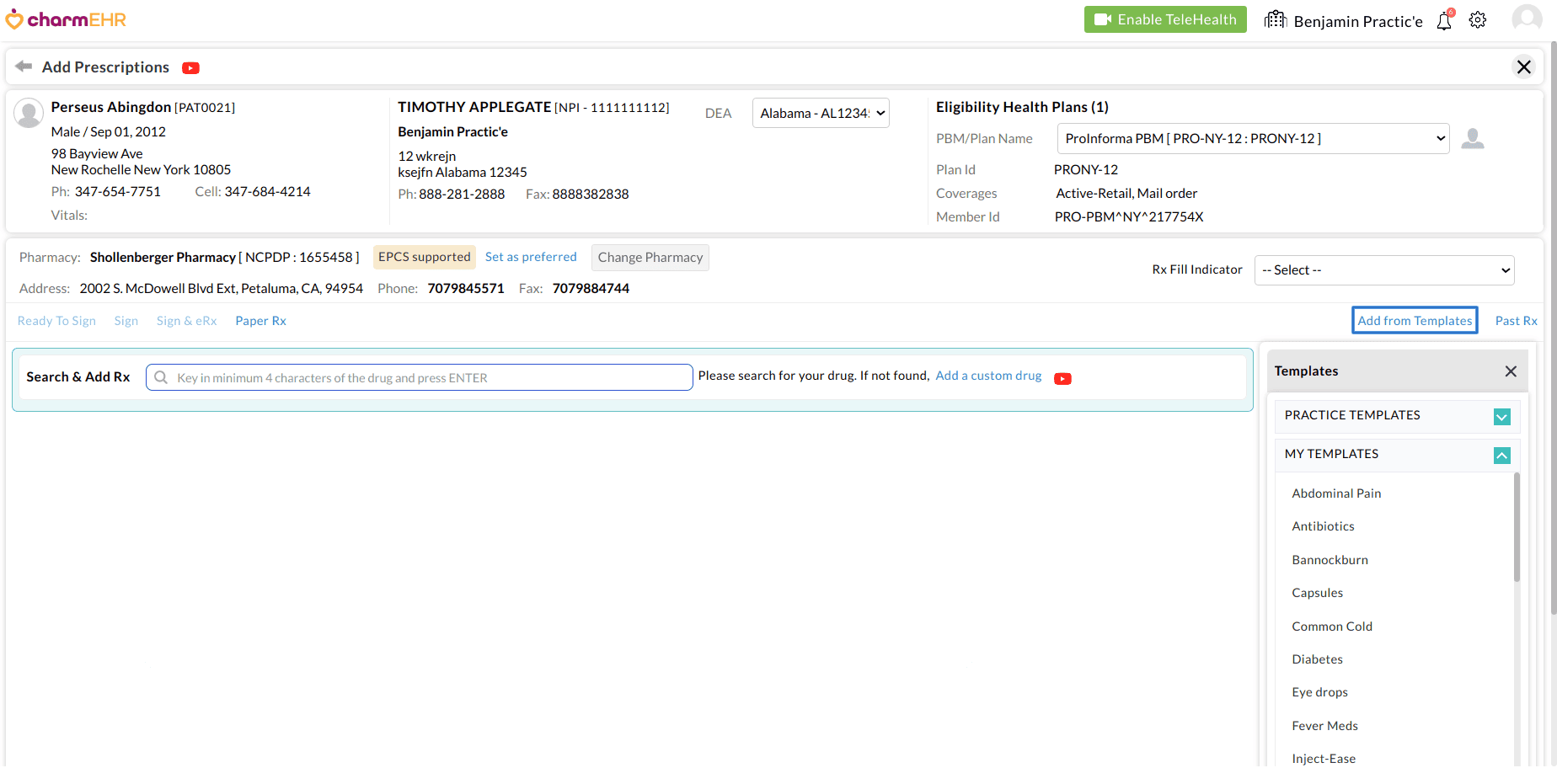 Add Prescription from Templates List