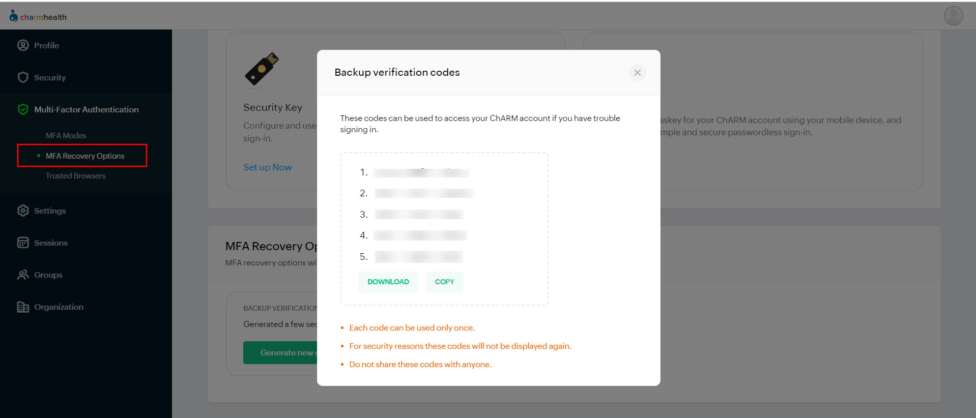 Manage Backup Verification Codes