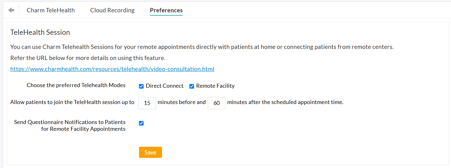 Telehealth Session Settings