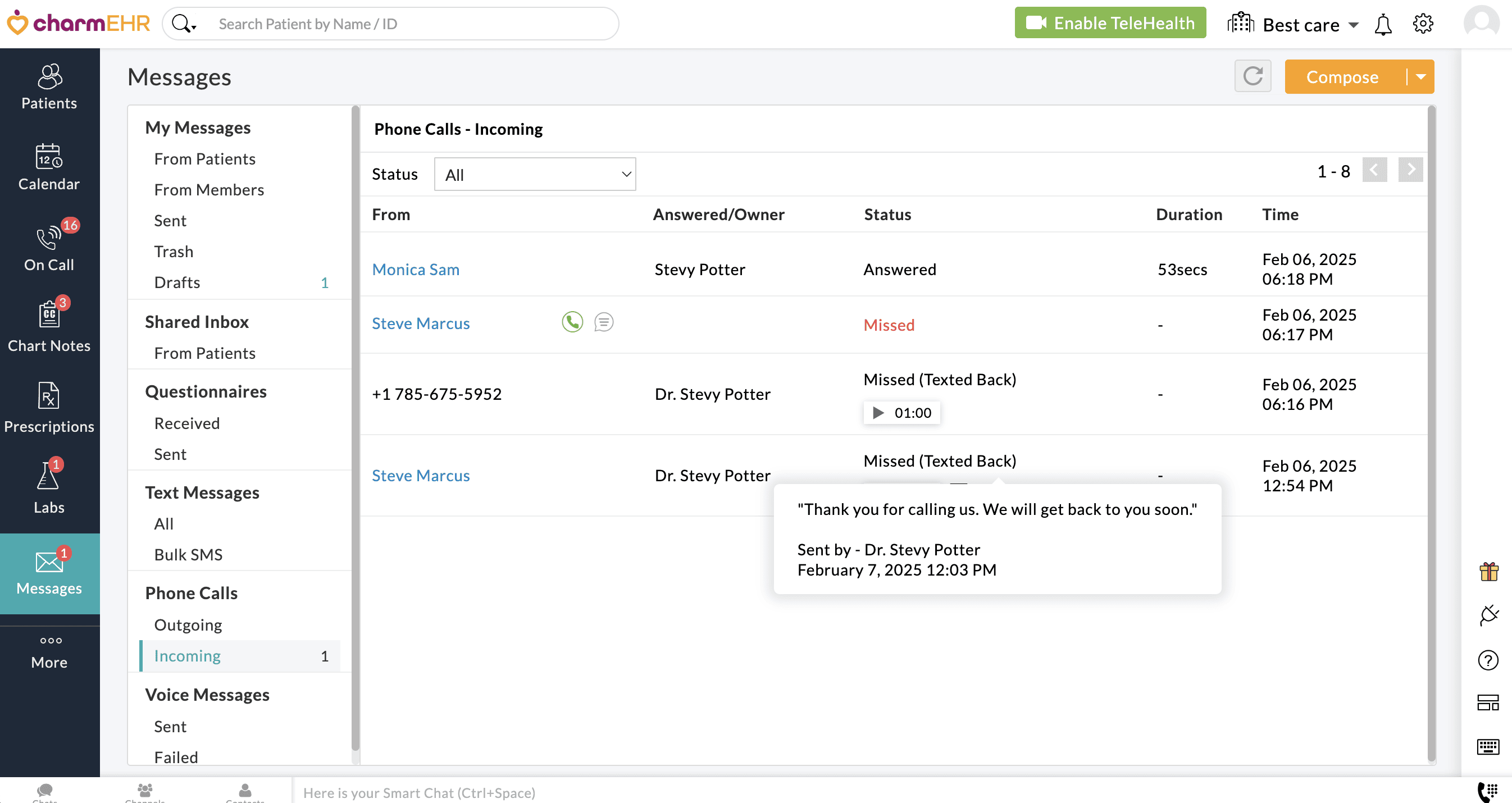 Missed Calls Status Missed Calls Status