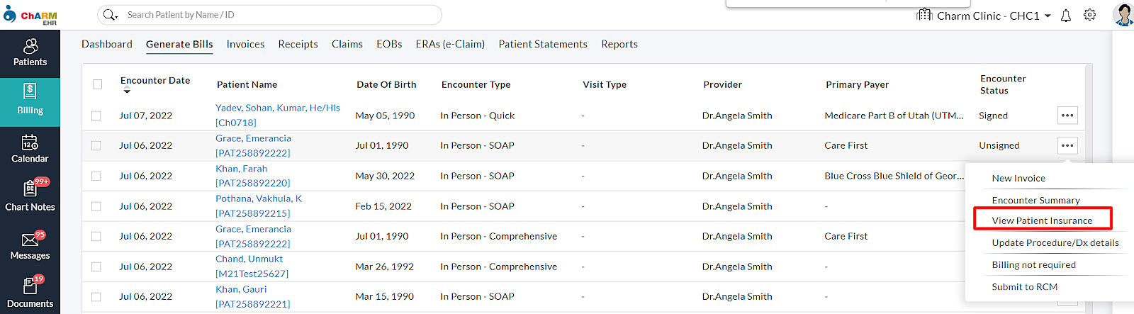 View Patient Insurance in Generate Bills