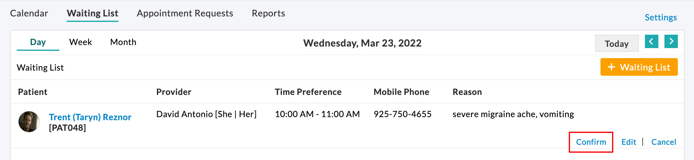 Confirm Waiting list Appointment Confirm Waitling list Appointment