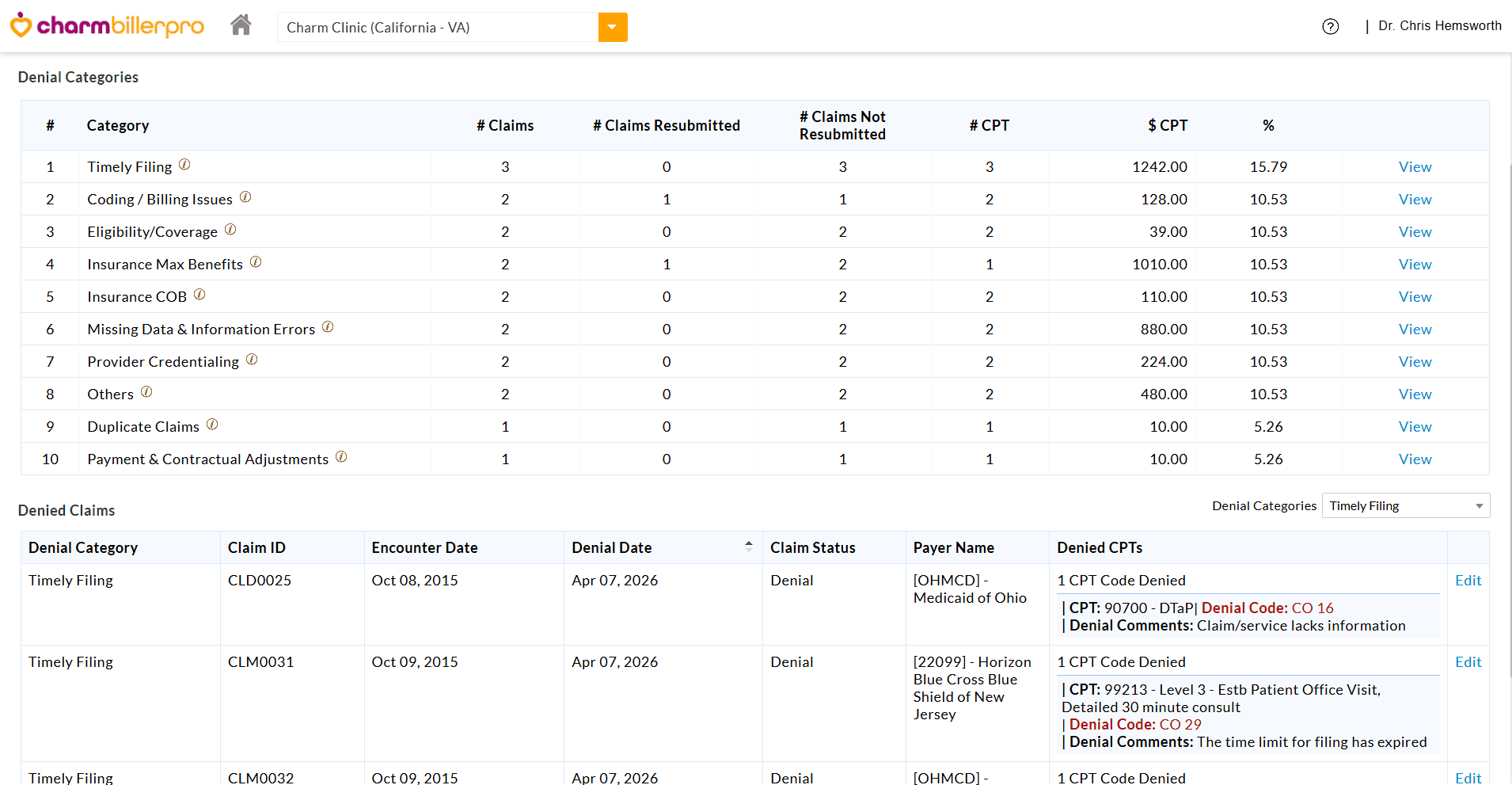 Denial Categories BillerPro