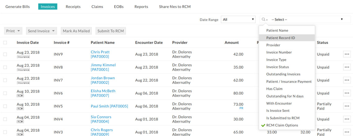 EHR Invoice List