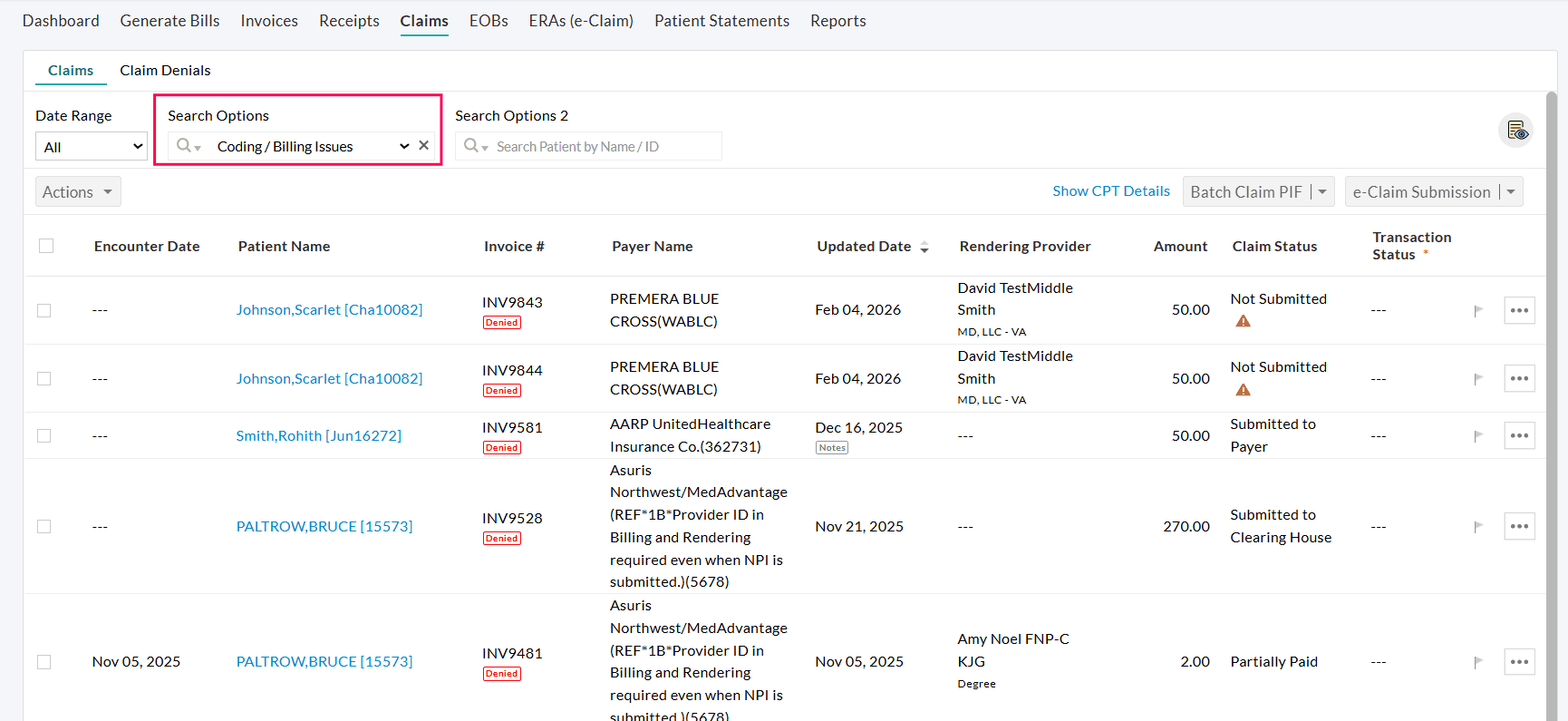 Claim List View for Denial Category