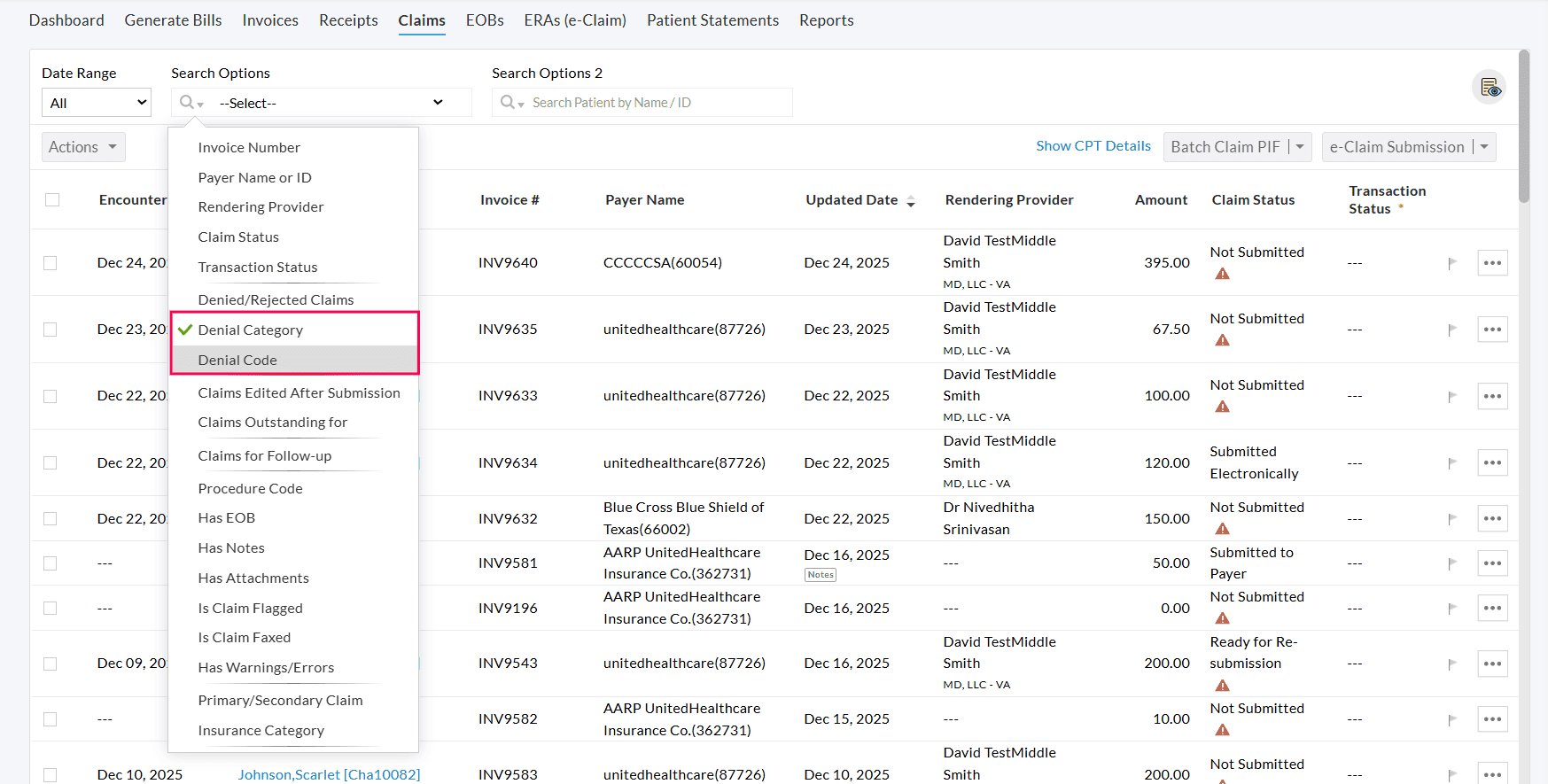 Denial Category Codes Filter