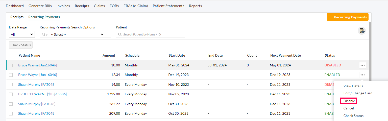 Disable Recurring Profile