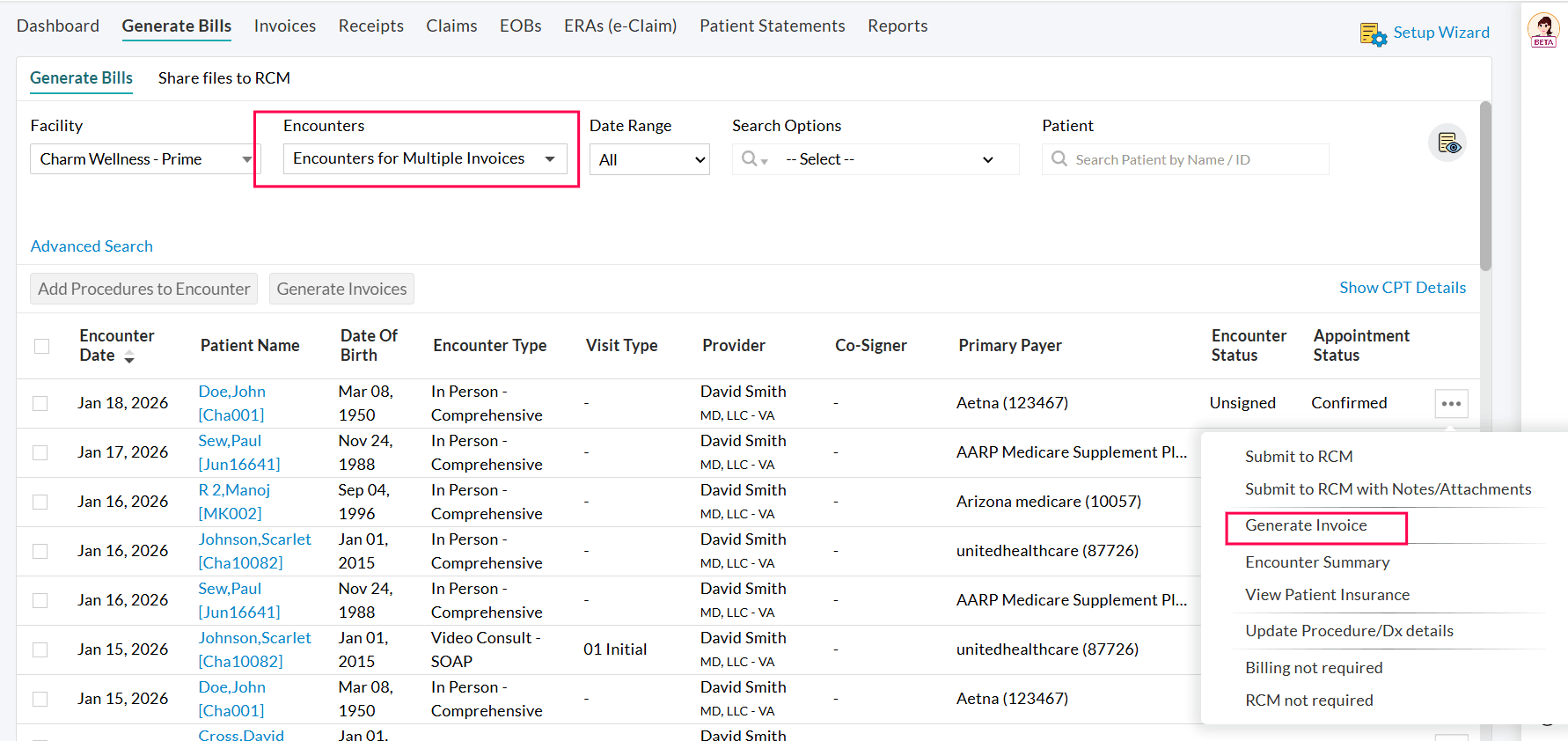 Encounters for Multiple Invoices