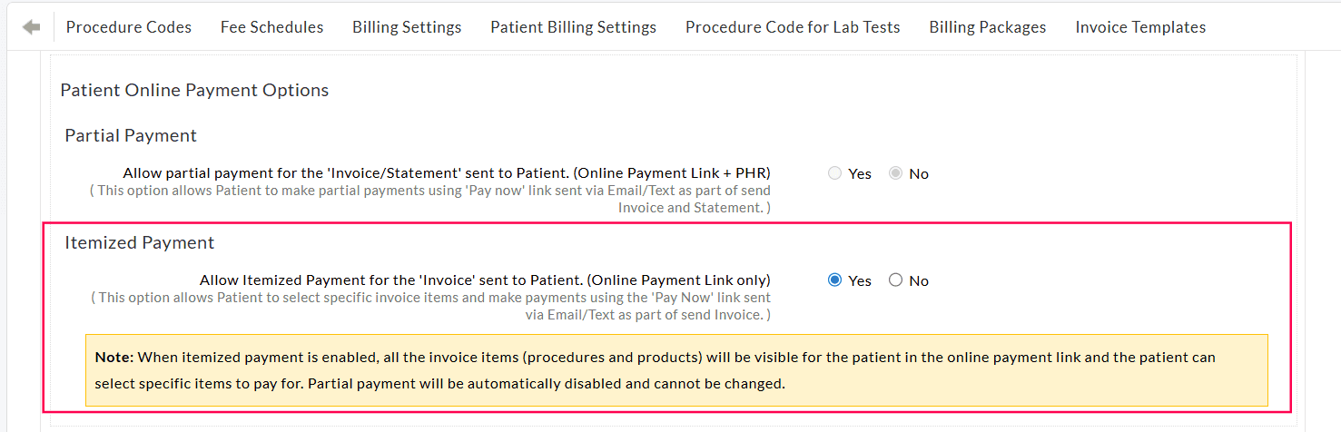 Itemized Payment Setting Itemized Payment Setting