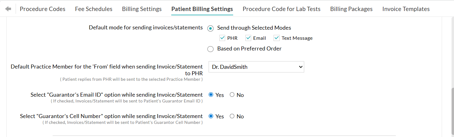 Patient Billing Manual Default Settings