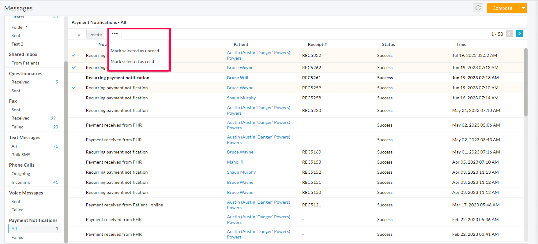 Read and Unread Payment Notification Messages