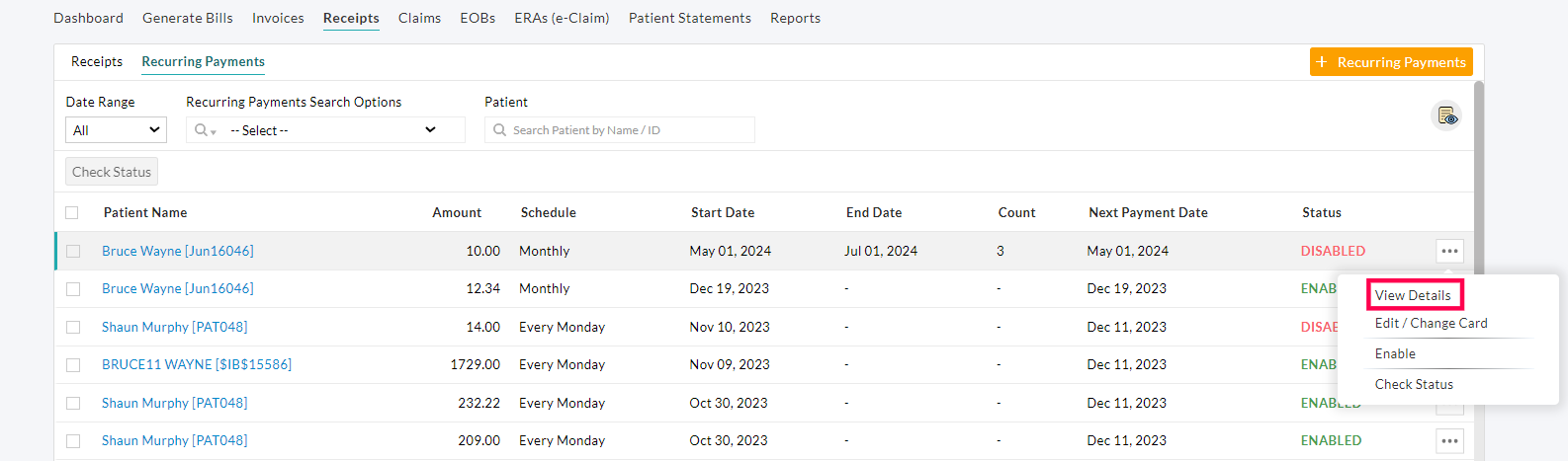 Recurring Payments View Option
