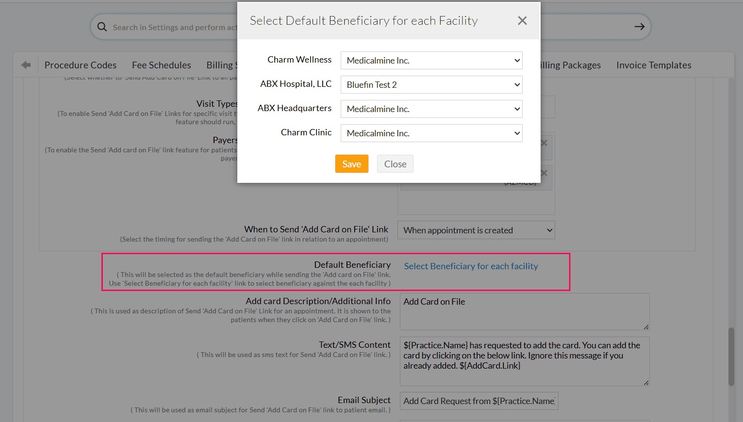 Select Default Beneficiary for each Facility Select Default Beneficiary for each Facility