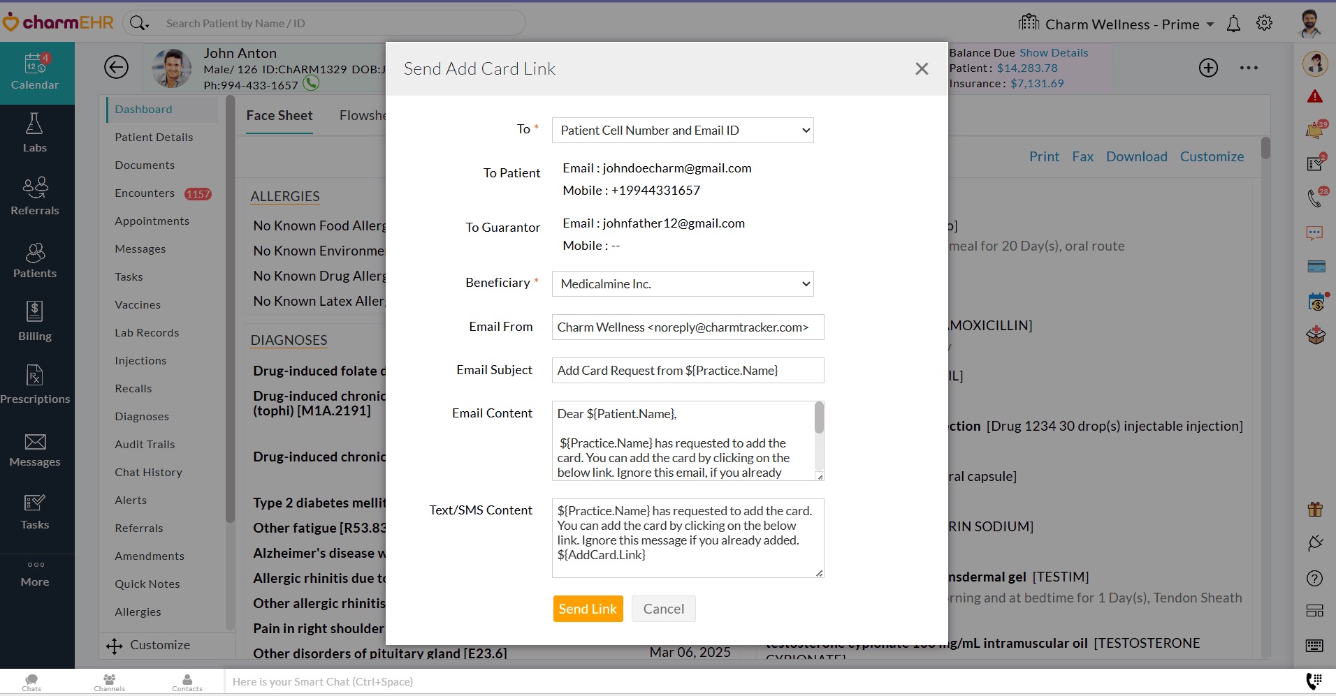 Send Add Card Link Window Send Add Card Link Window