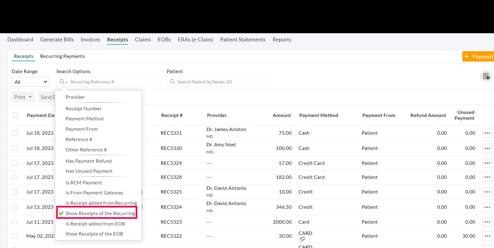 Show Receipts of the Recurring