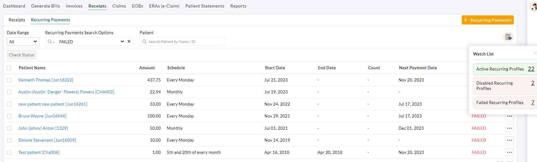 Watchlist Failed Recurring Profiles